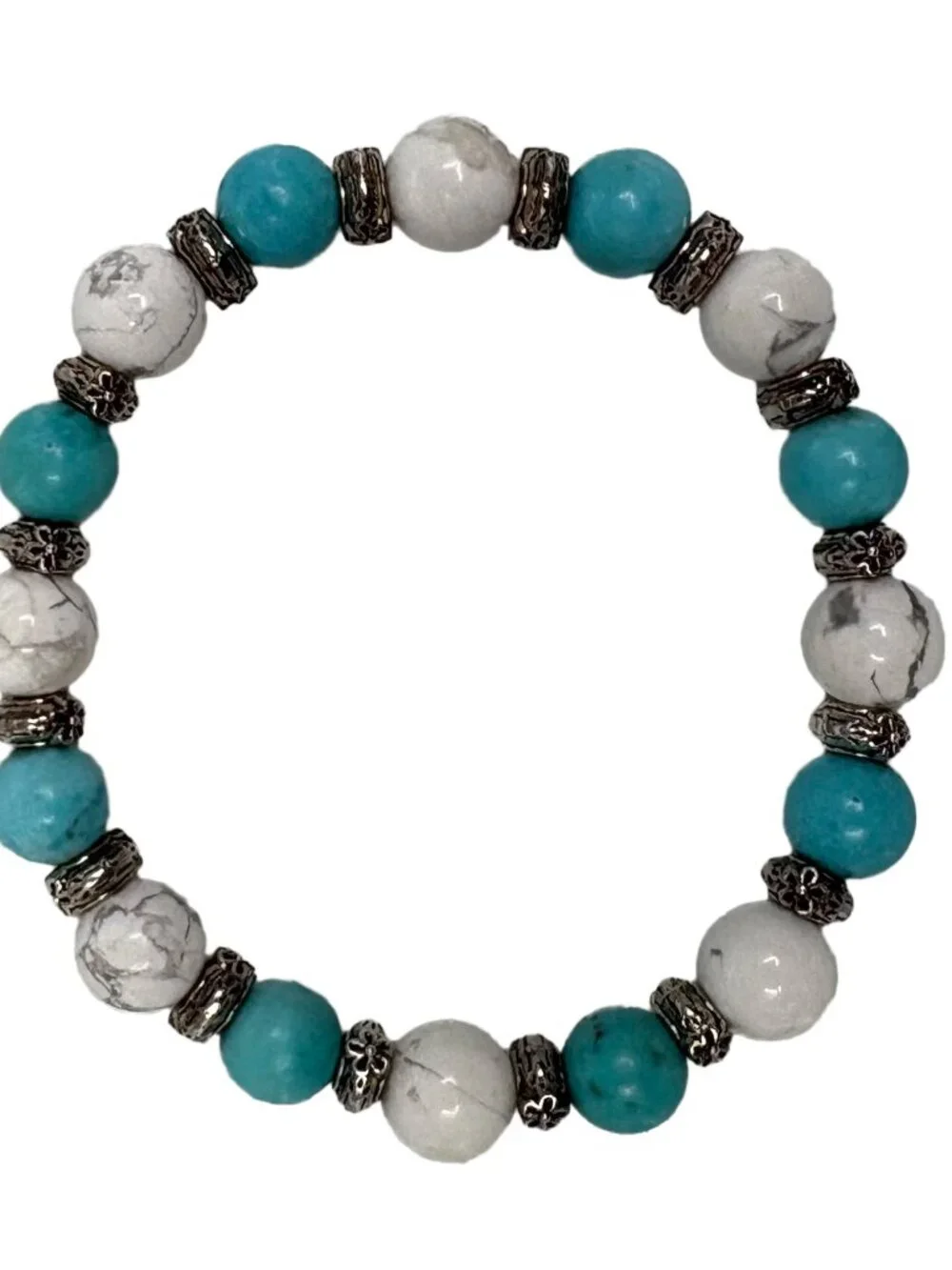 8mm Natural Blue Turquoise White Howlite Stone Stretch Beaded Bracelet Silver